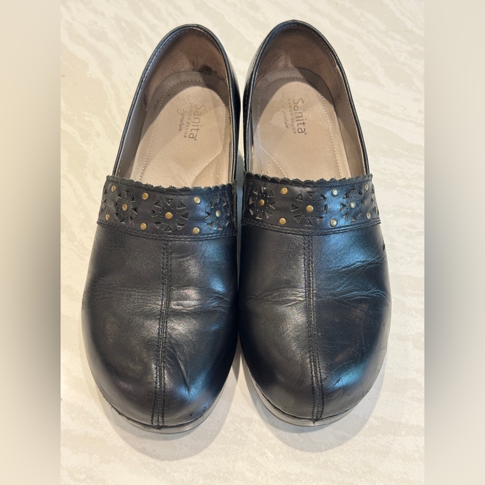 Sanita Black Leather Slip-On Clogs with Studded Trim